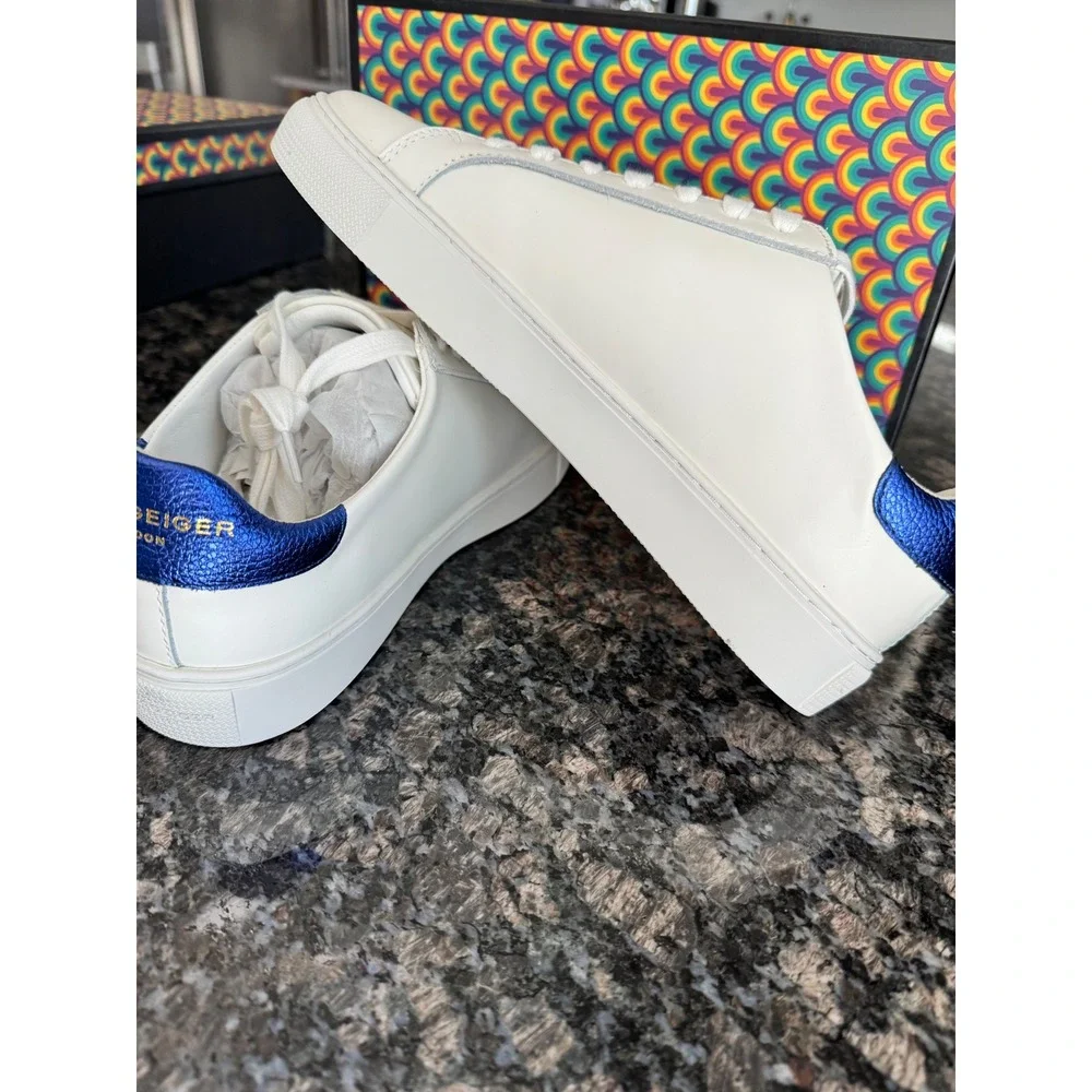 Kurt Geiger London Mens 9.5 White Leather Rainbow Stripe Low Top‎ Sneakers Shoes